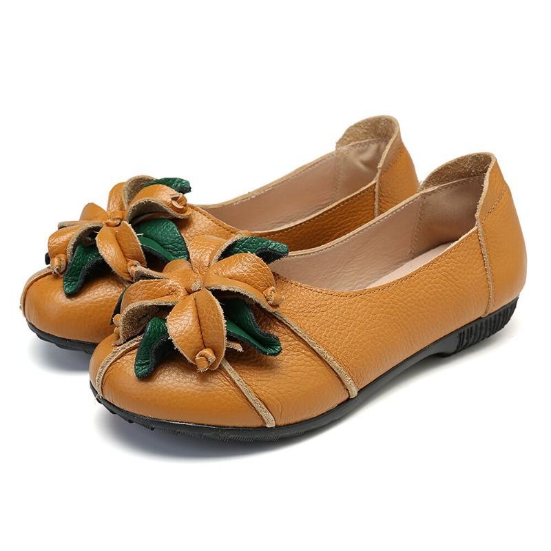 Retro Håndlaget Blomsterdekor For Kvinner Myke Flate Uformelle Loafers I Skinn