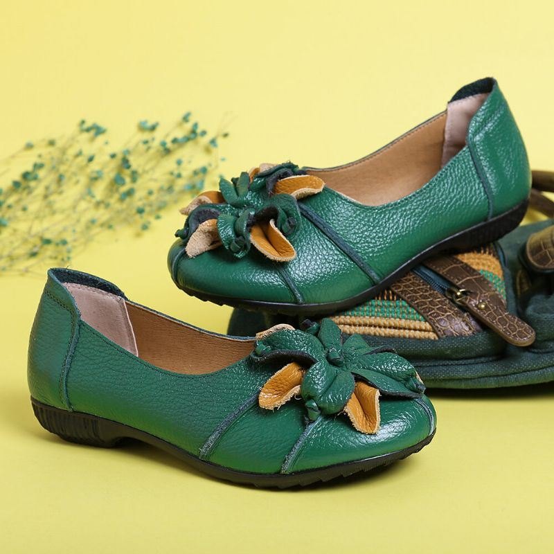 Retro Håndlaget Blomsterdekor For Kvinner Myke Flate Uformelle Loafers I Skinn