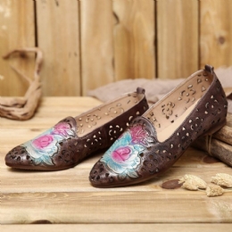 Retro-preget Delikat Peon Med Hule Blomstermønster Ekte Skinn Flat Elegant Loafer