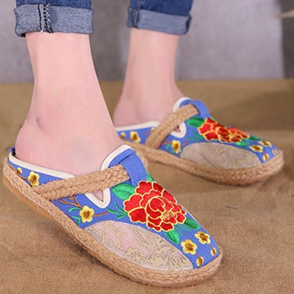 Rund Tå Flax Flower Flat Loafers For Dame