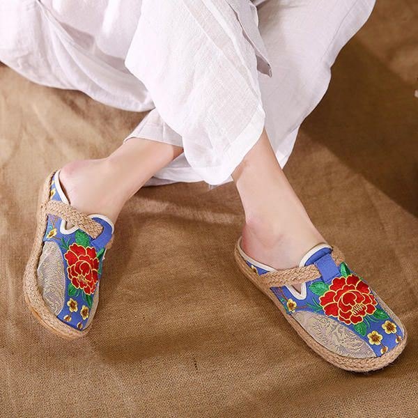 Rund Tå Flax Flower Flat Loafers For Dame