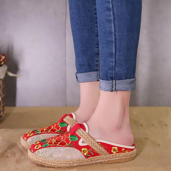 Rund Tå Flax Flower Flat Loafers For Dame