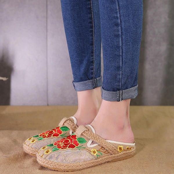 Rund Tå Flax Flower Flat Loafers For Dame