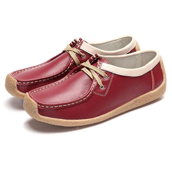 Snøring Mykt Lær Pustende Walking Leather Dame Flat Shoe