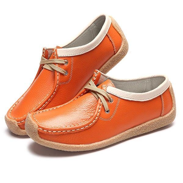 Snøring Mykt Lær Pustende Walking Leather Dame Flat Shoe