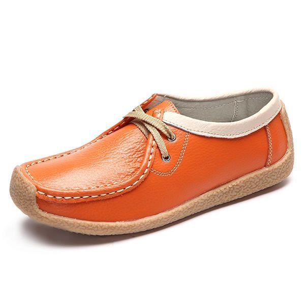 Snøring Mykt Lær Pustende Walking Leather Dame Flat Shoe