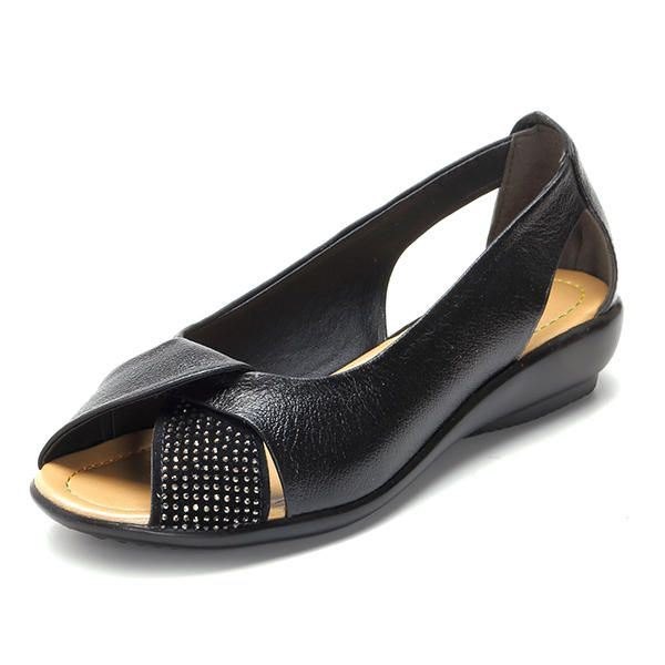 Sommer Casual Leather Flats Fish Mouth Sko Stor Størrelse Damesko