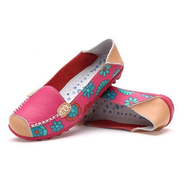 Stor Størrelse Dame Blomst Blomster Leather Loafers Mokasiner Flats Myke Ballettsko Rund Tå Flats