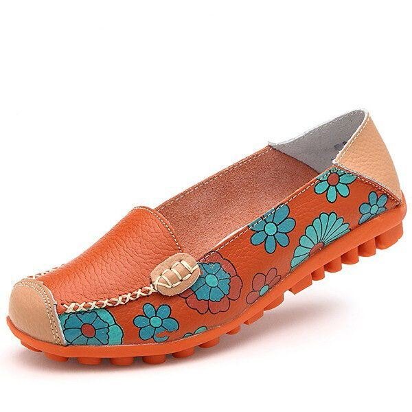 Stor Størrelse Dame Blomst Blomster Leather Loafers Mokasiner Flats Myke Ballettsko Rund Tå Flats