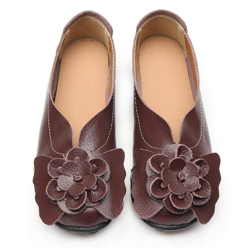 Stor Størrelse Dame Flower Leather Lazy Flats