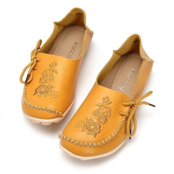 Stor Størrelse Rose Brodert Rund Toe Dame Uformelle Myke Flat Loafers