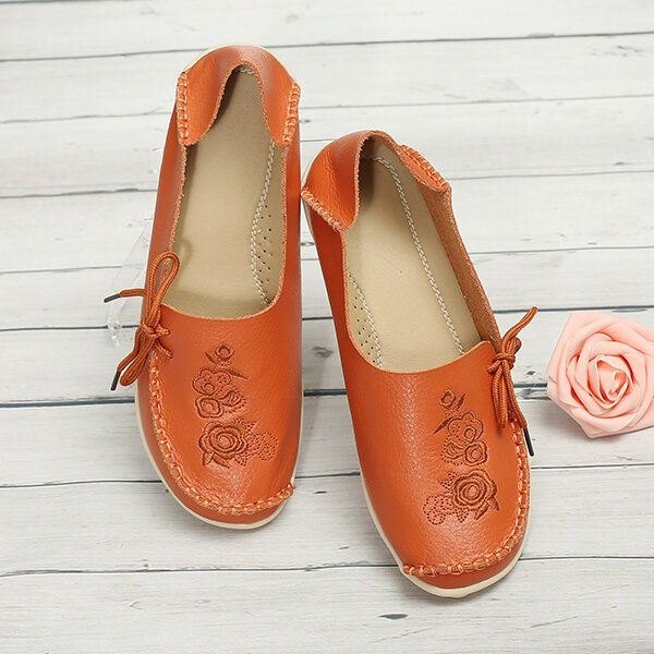 Stor Størrelse Rose Brodert Rund Toe Dame Uformelle Myke Flat Loafers