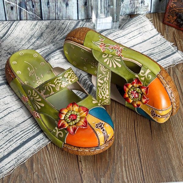 Vintage Fargerikt Lær Hollow Out Backless Flower Sko Dame Loafers