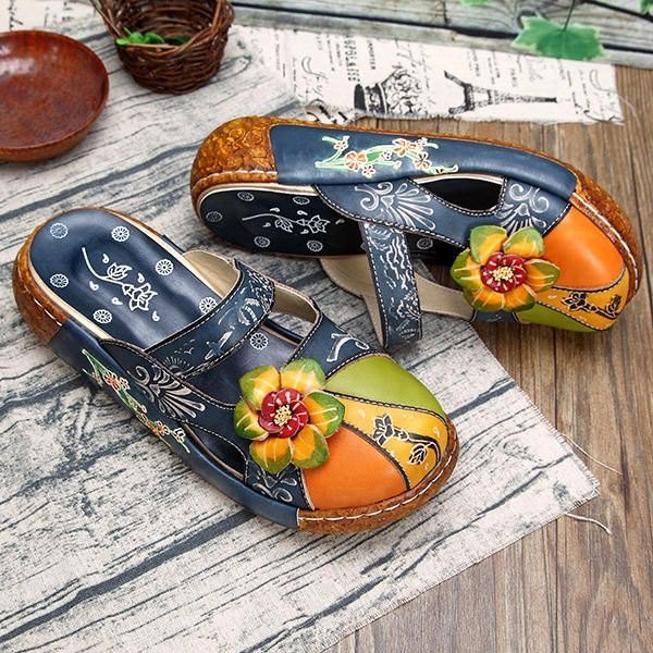 Vintage Fargerikt Lær Hollow Out Backless Flower Sko Dame Loafers