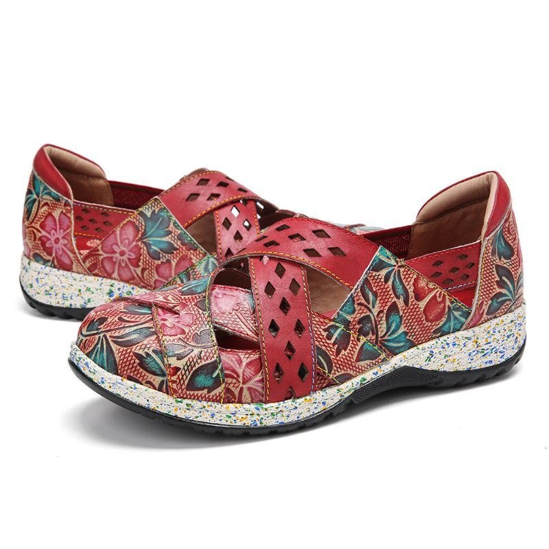 Vintage Håndlagde Håndlagde Skinnpregede Blomsterutskjæringer Kryssreim Slip On Flat Shoes