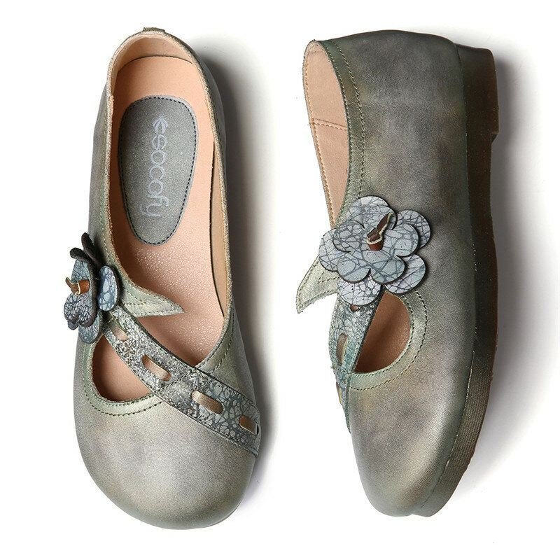 Vintage Håndlaget Mykt Lær Blomsterreim Grønn Slip-on Flate Sko