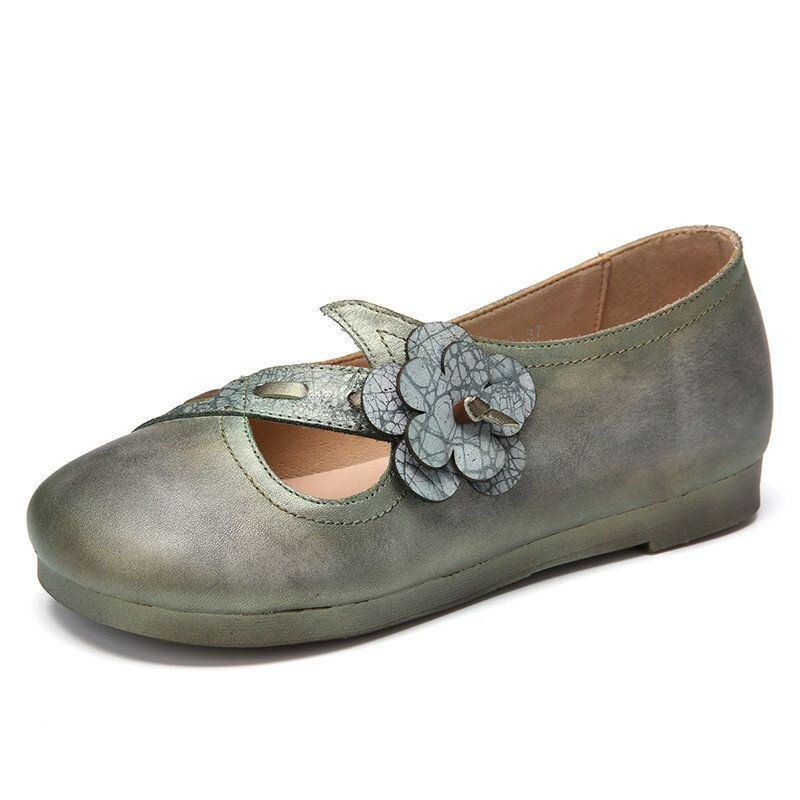 Vintage Håndlaget Mykt Lær Blomsterreim Grønn Slip-on Flate Sko